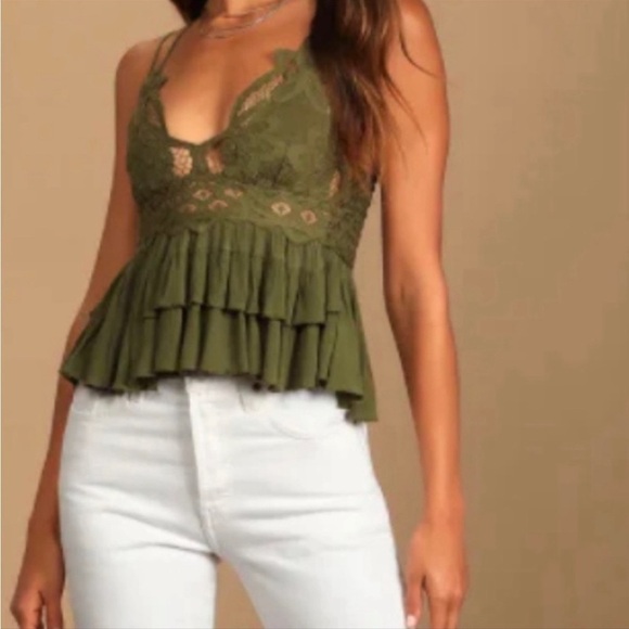 Free People | NWT Green Adella Lace Smocked Cami Top Olive Sparrow L - Picture 2 of 6